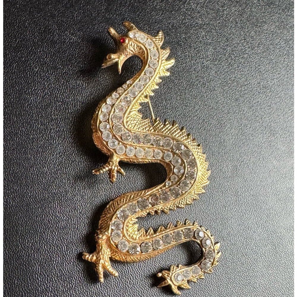 Vintage Gold Rhinestone Dragon Designer Runway Brooch.